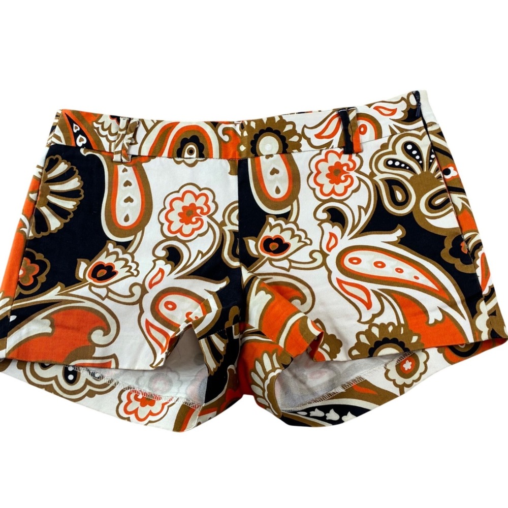 J.Crew Paisley Short Sz 6 Orange Brown Cream Preppy Stretch Summer Festival Boho